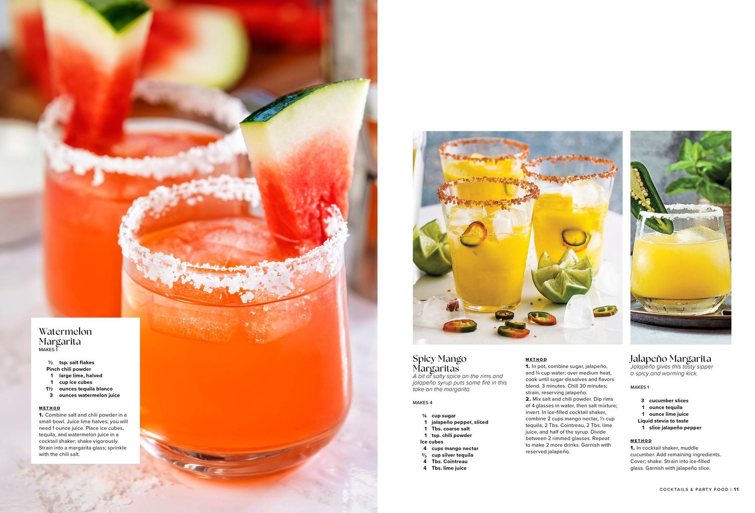Magazine spread featuring vibrant red and orange cocktail recipes with citrus garnishes.