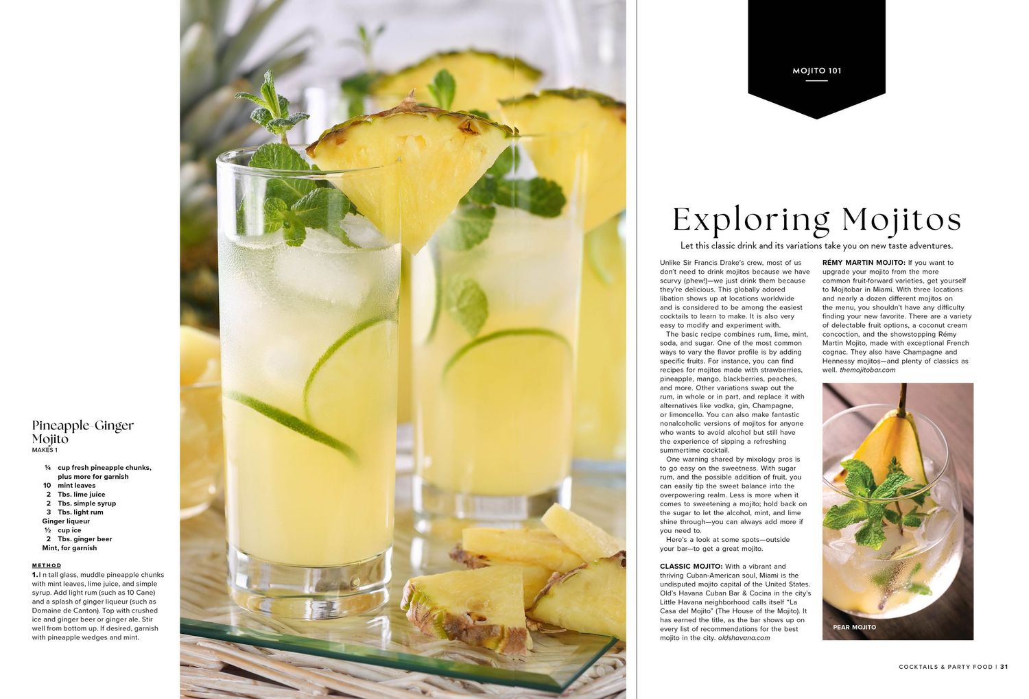 Magazine layout featuring mojito cocktail recipes with fresh mint and lime garnishes.
