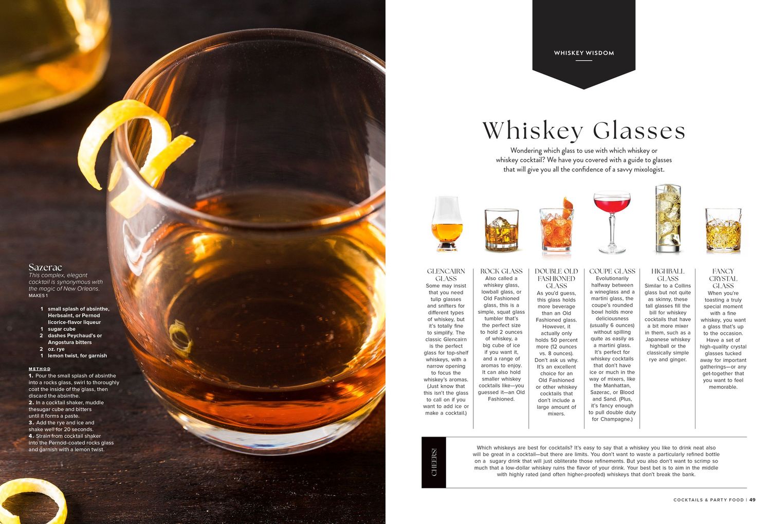 Various styles of whiskey glasses and cocktail glassware displayed in an informative guide spread.