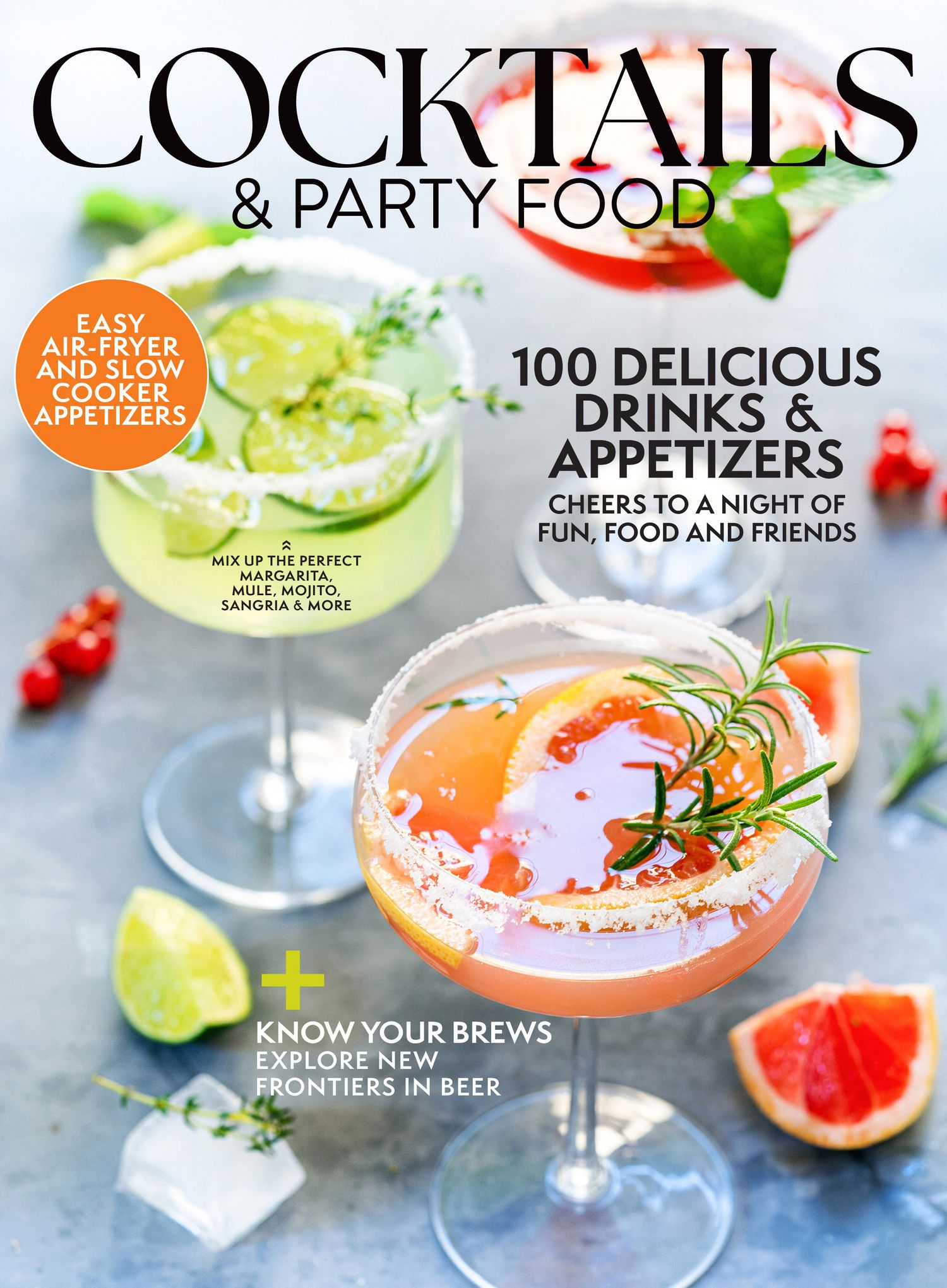 Magazine spread featuring colorful cocktails and party appetizers with citrus garnishes.
