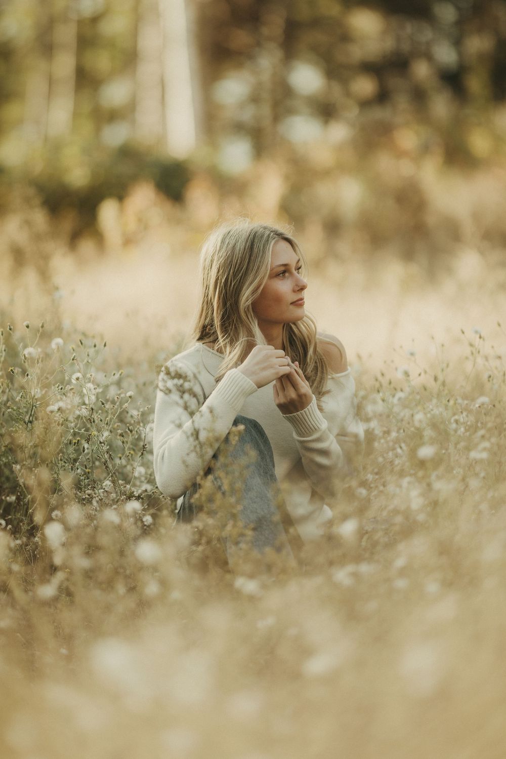 Artistic portrait in a sun-drenched meadow with soft golden tones.