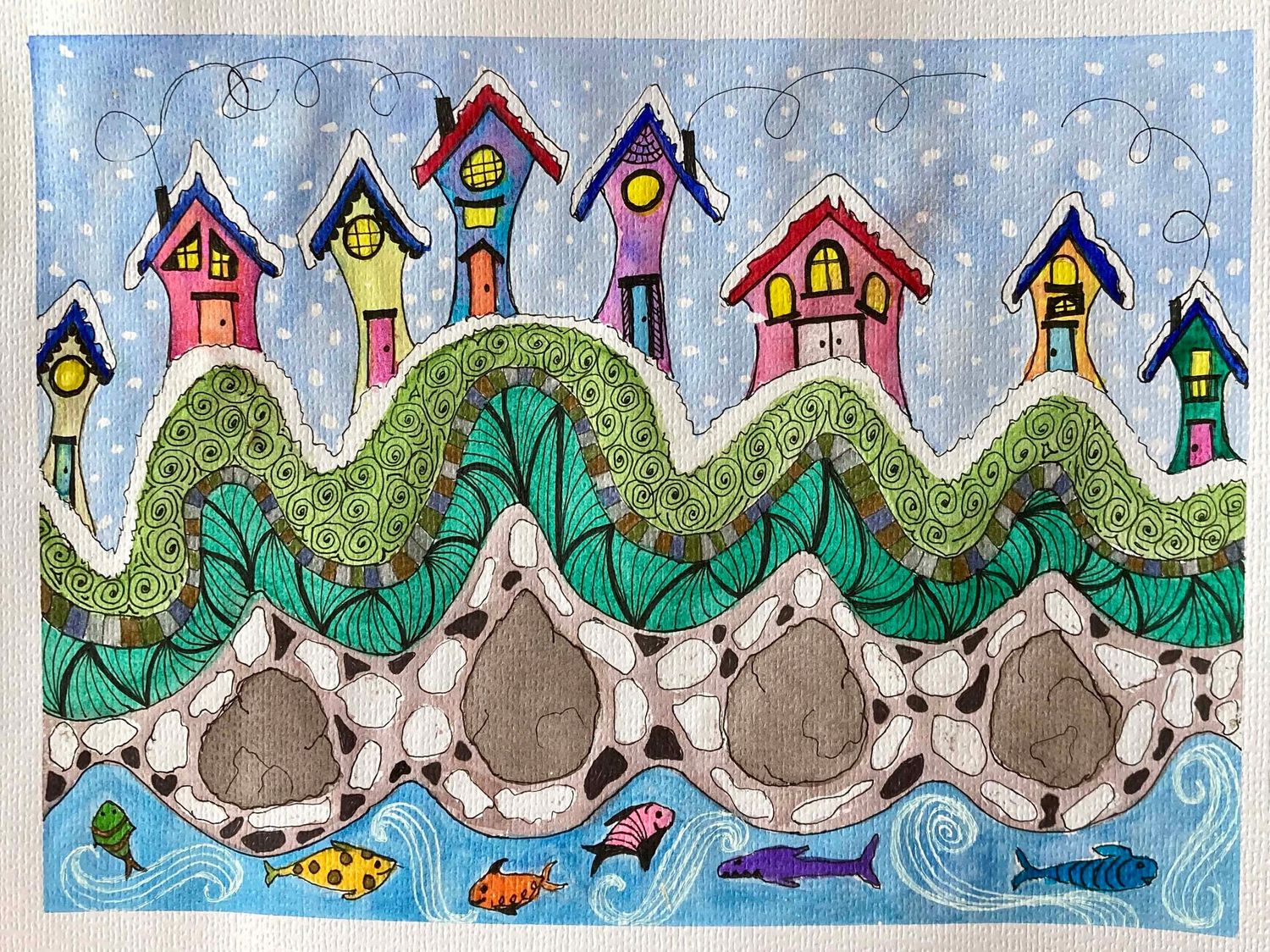 Whimsical winter scene with colorful houses and trees along a snowy hillside with fish swimming below.