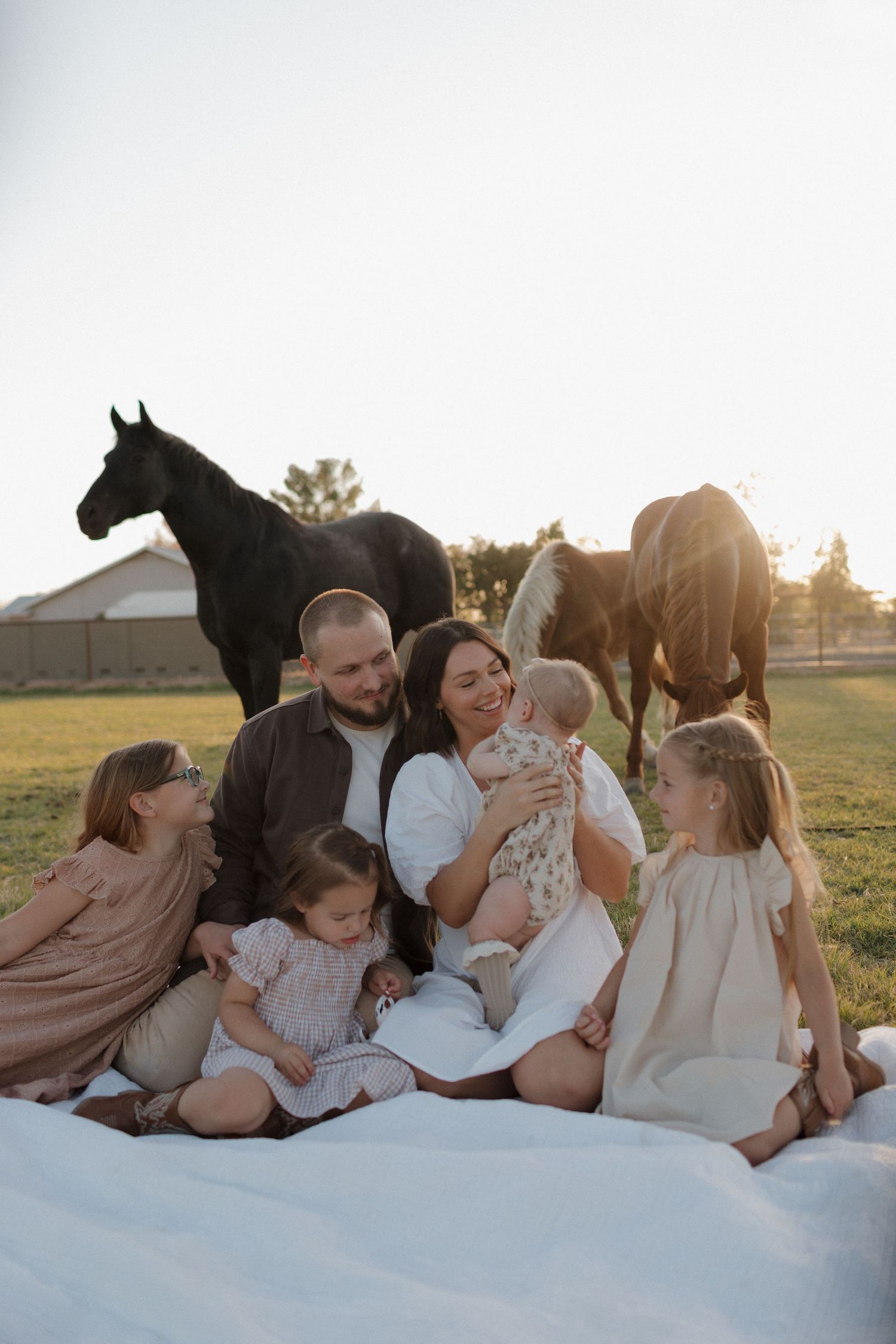 Family sitting on blanket in field with horses at sunset.