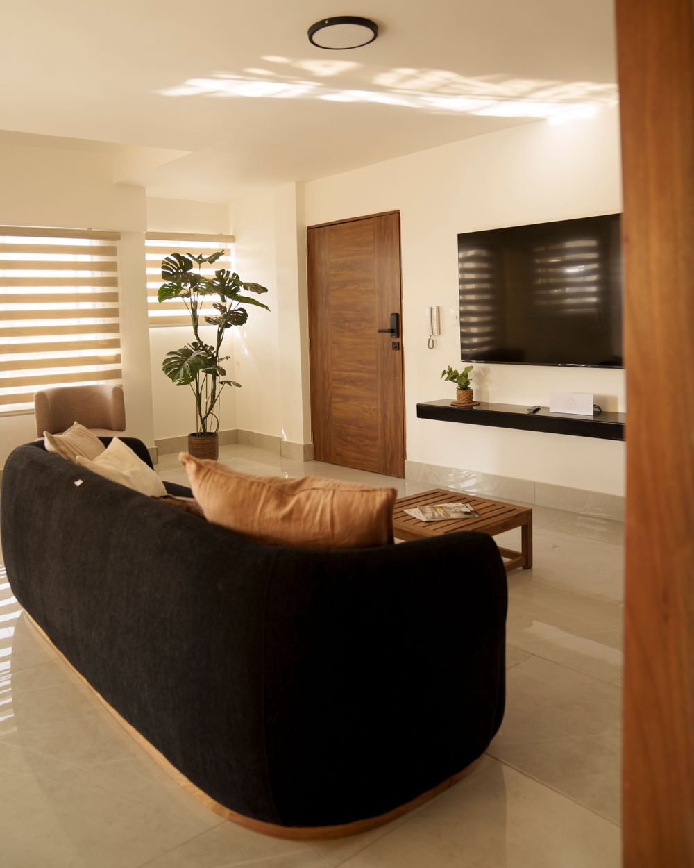 Spacious minimalist living area featuring dark sofa and wooden accents with ambient lighting.