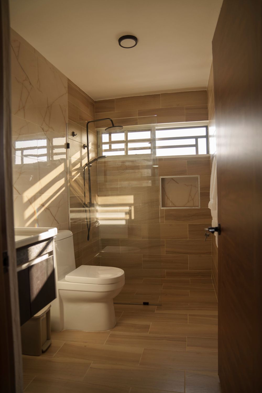 Modern bathroom with wood-look tile, glass shower enclosure, and natural lighting.