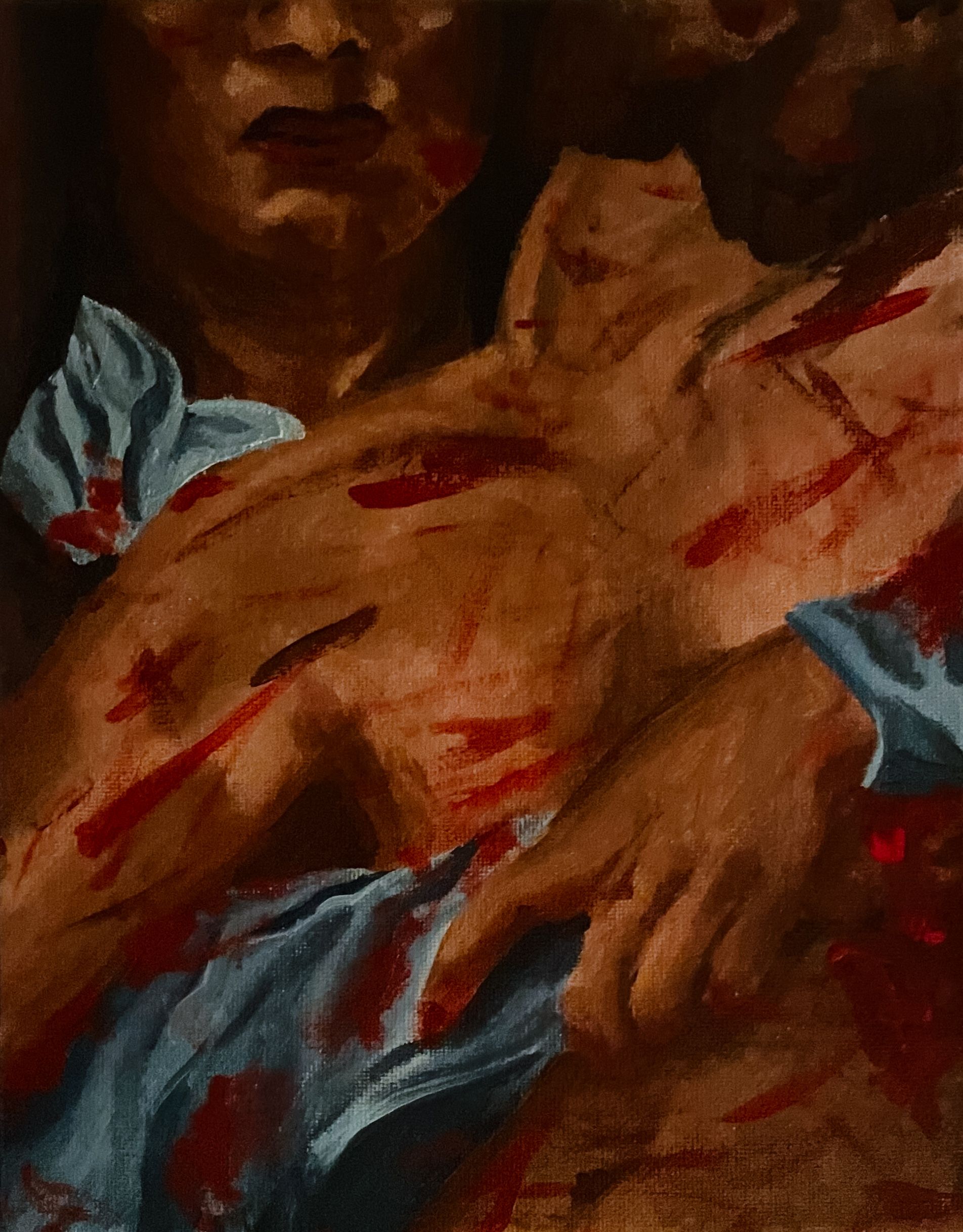 Abstract painting with brown and red tones showing dynamic brushstrokes and movement.