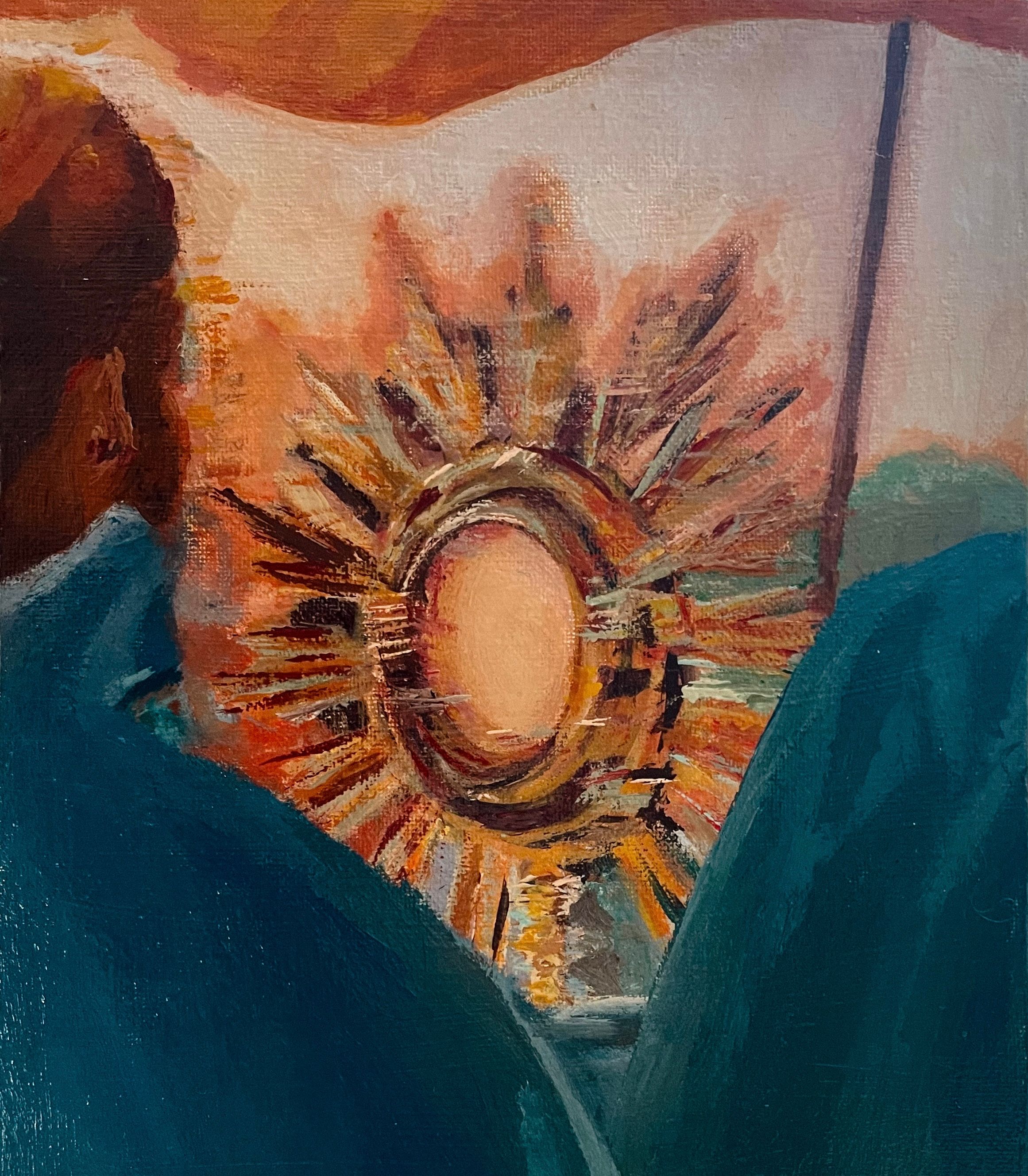 Artistic painting of a sun or starburst in orange and turquoise against a light background.