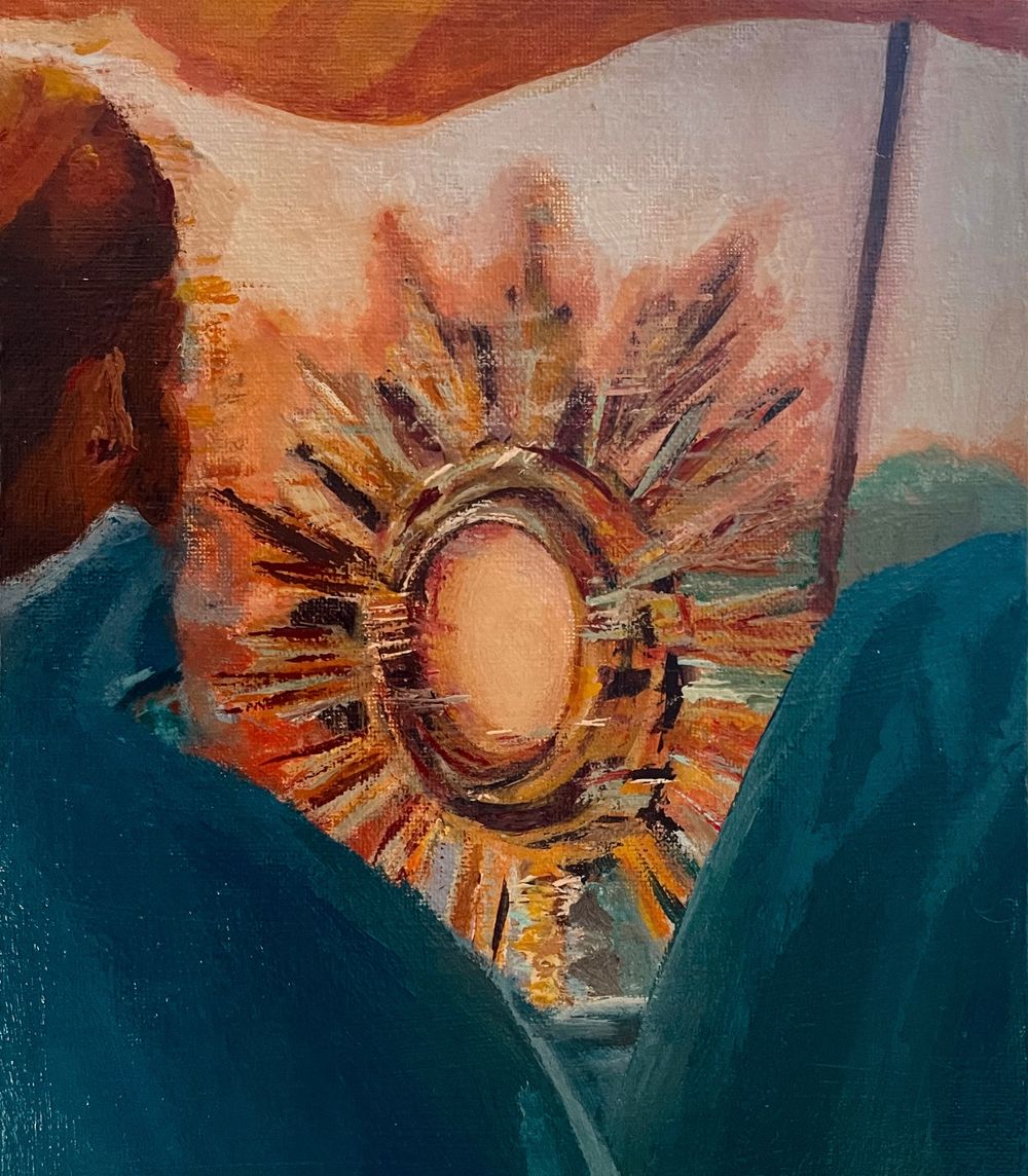 Artistic painting of a sun or starburst in orange and turquoise against a light background.