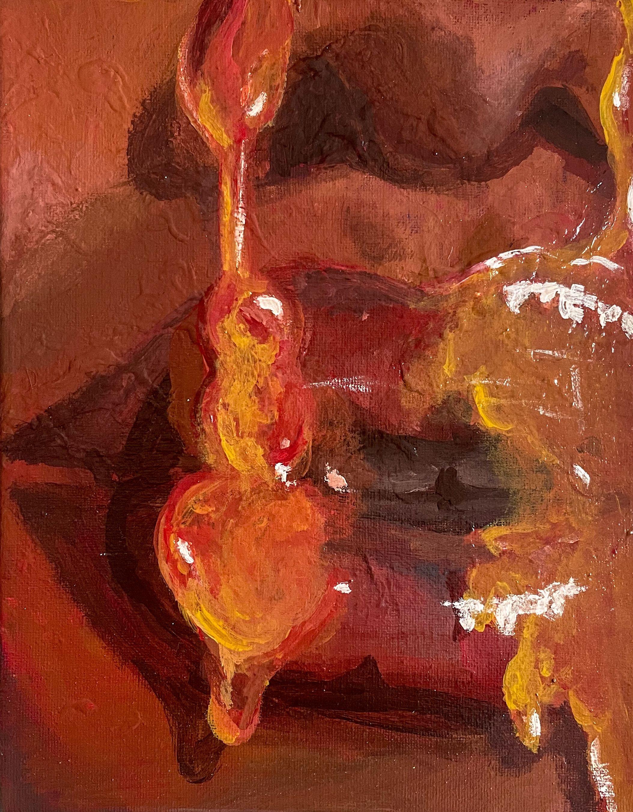Vibrant abstract painting with warm orange, red and yellow colors in an expressive style.