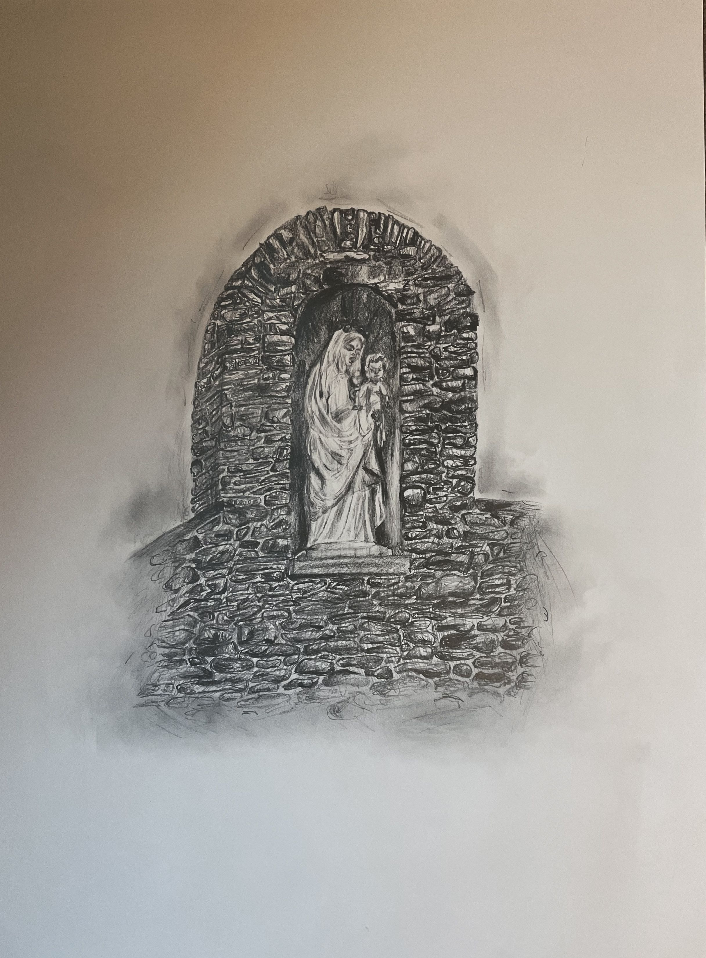 Charcoal sketch of a stone archway with a religious figure inside.