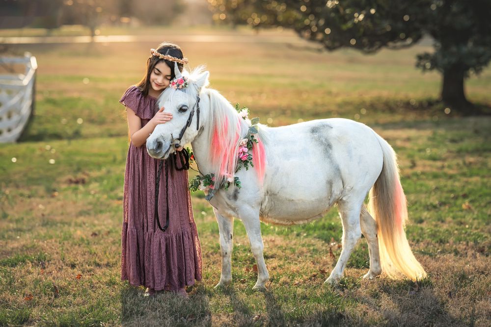 A white pony adorned with floral decorations stands in a golden-lit field beside someone in a flowing purple dress.