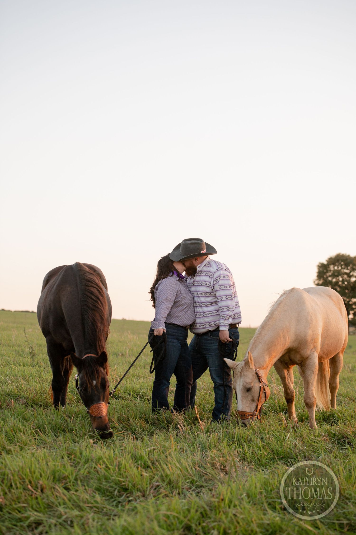 Two horses grazing while their owners share an intimate moment in a pastoral field at dusk.