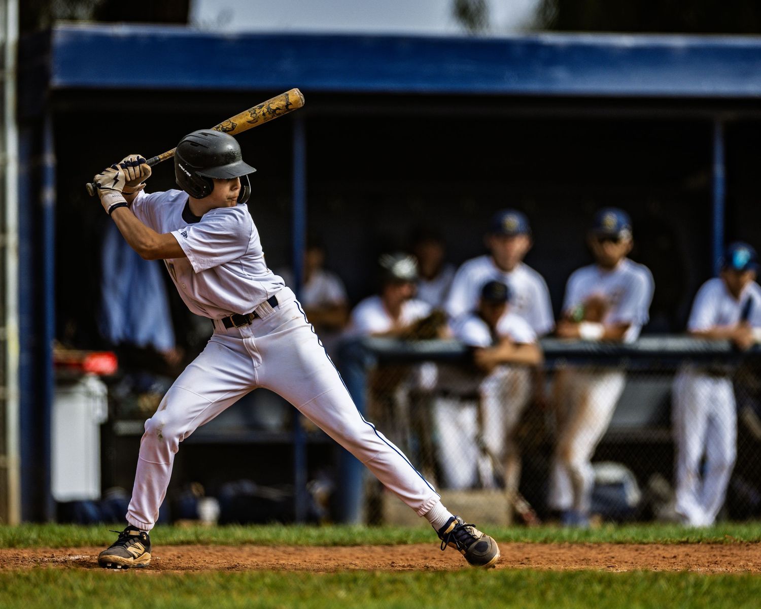 Baseball batter in batting stance preparing to hit during game.