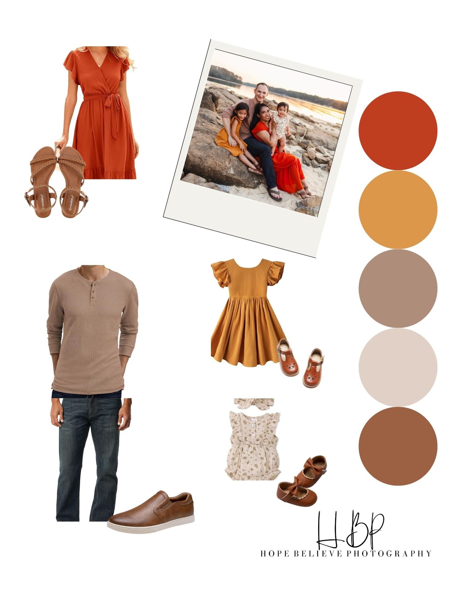 Fashion mood board featuring rust orange and tan color palette with coordinating family outfits for photos.