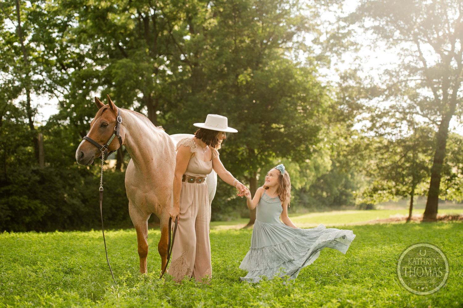 Sunlit outdoor portrait with a light-colored horse in a lush green field.