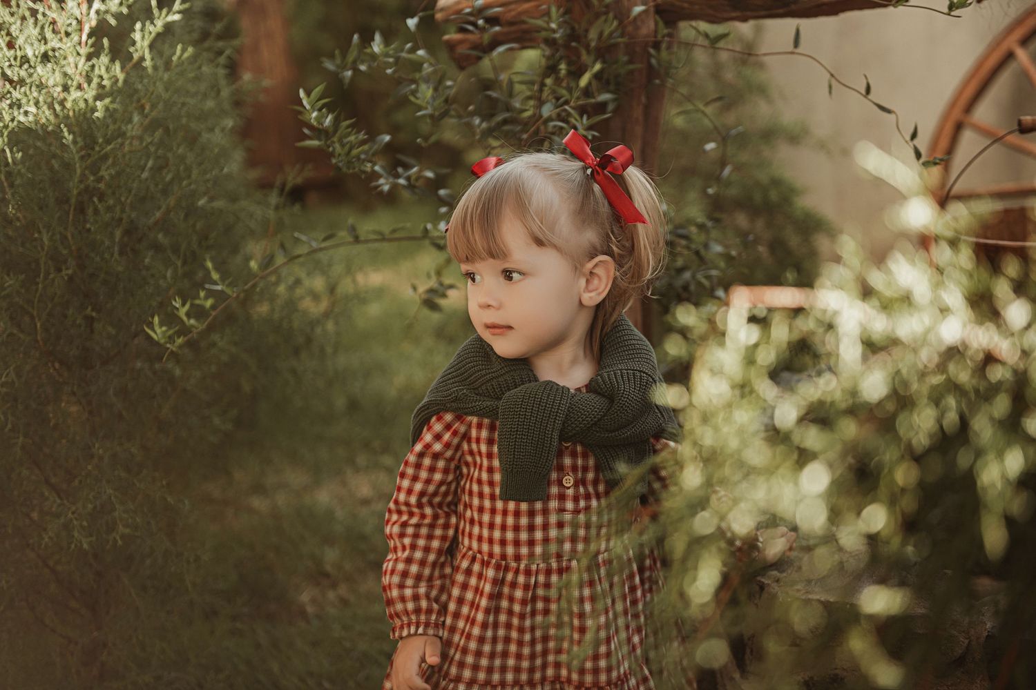 A child in a red gingham dress with a bow stands outdoors in a dreamy garden setting during golden hour.