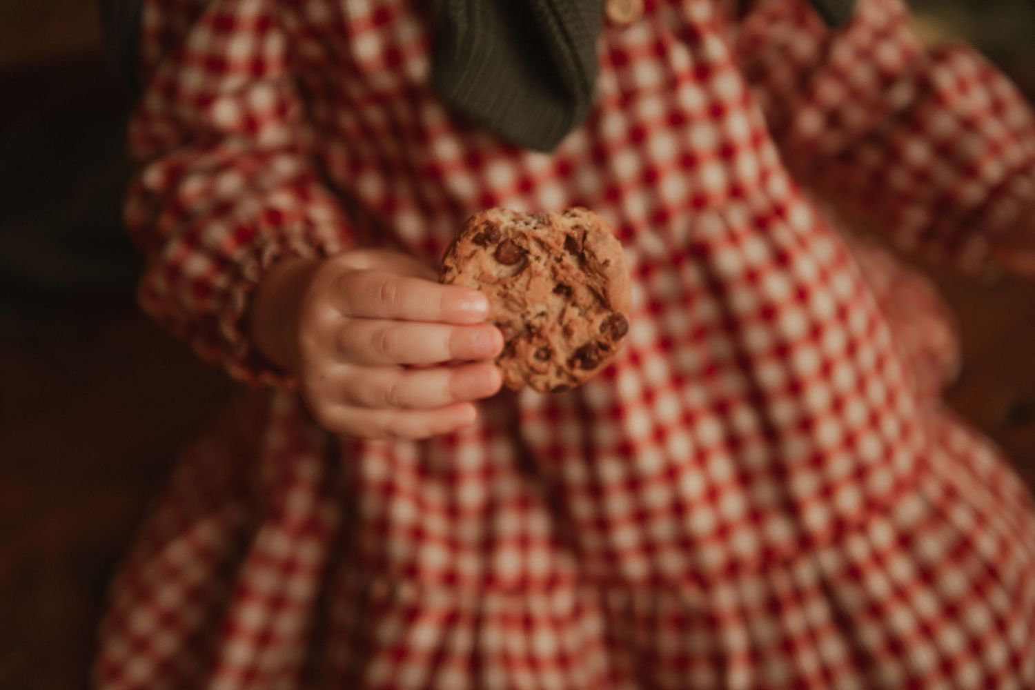 Small hands in red gingham dress holding a chocolate chip cookie against wooden background.
