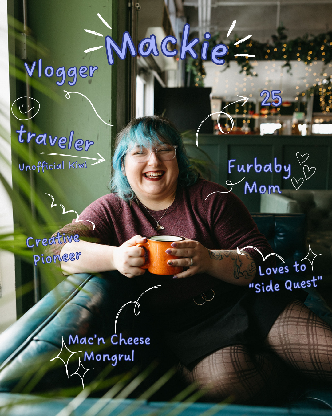 Image showing someone in a maroon sweater holding an orange mug at a cafe with handwritten-style blue annotations around them.