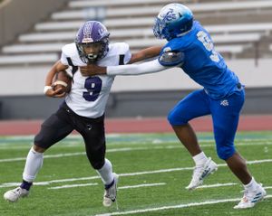 Football players from opposing teams engage in tackle during competitive game.