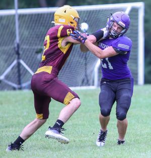 Two football players engage in blocking action wearing purple and gold uniforms.