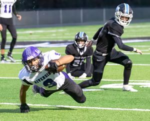 Football player in purple uniform dives forward during game play against black-uniformed opponents.