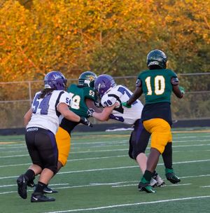 Football players engage in blocking during game with green and purple uniforms.