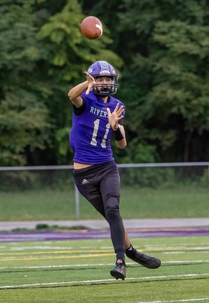 Football player in purple jersey throws a pass on the field.