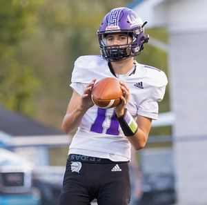 Player in white uniform with purple helmet holds football ready to throw.
