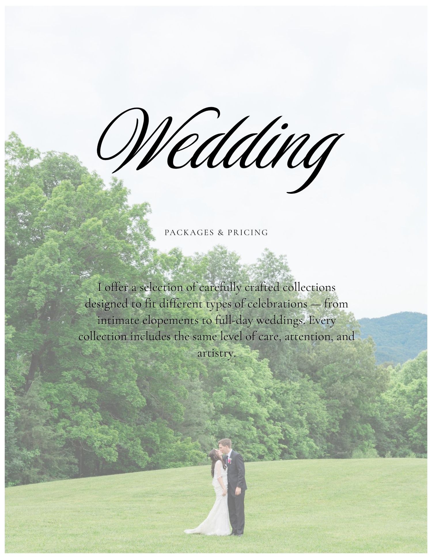 A wedding website homepage displays elegant text overlays on romantic outdoor ceremony photos in green natural settings.