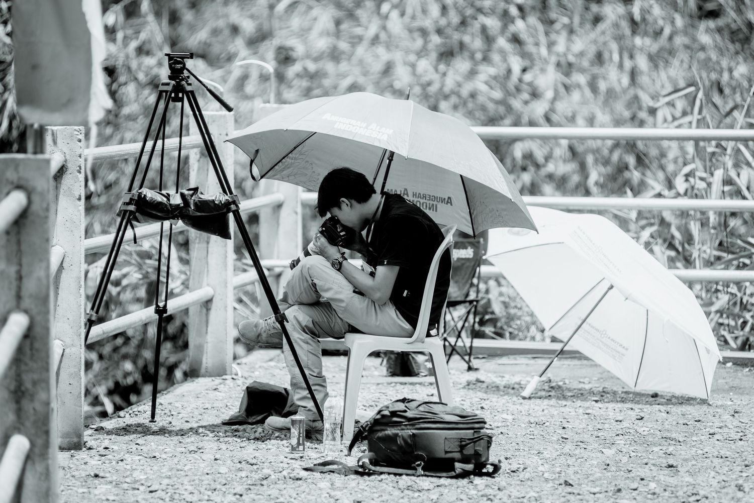 A person lies under a white umbrella on a grassy slope during what appears to be a photography or filming session.