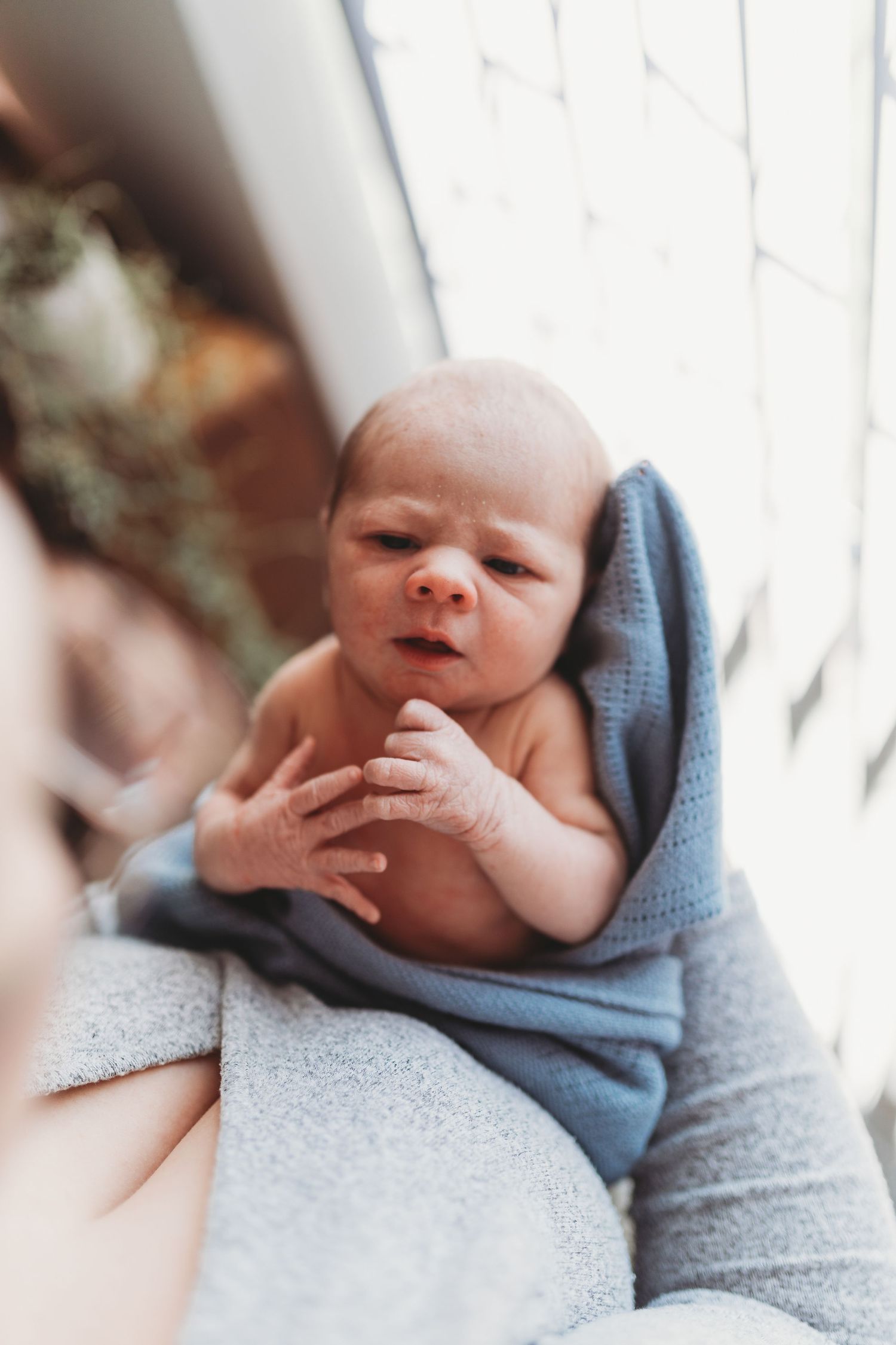 A newborn baby wrapped in a soft blue blanket rests peacefully against a light background.