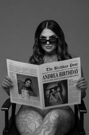 Woman in sunglasses reads The Birthday Post newspaper celebrating Andrea's birthday in a black and white photo.