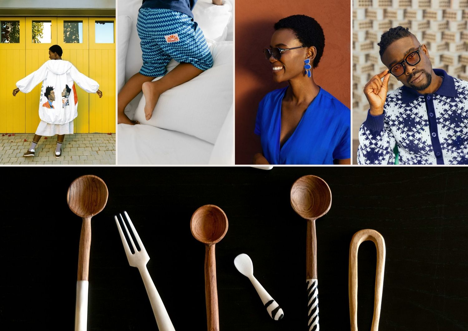 Collection of minimalist food photography with utensils and coffee cups on dark backgrounds.