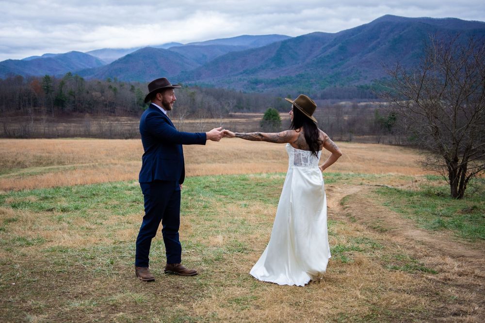 A panoramic wedding photo series showing a couple dancing in a field with mountains in the background.