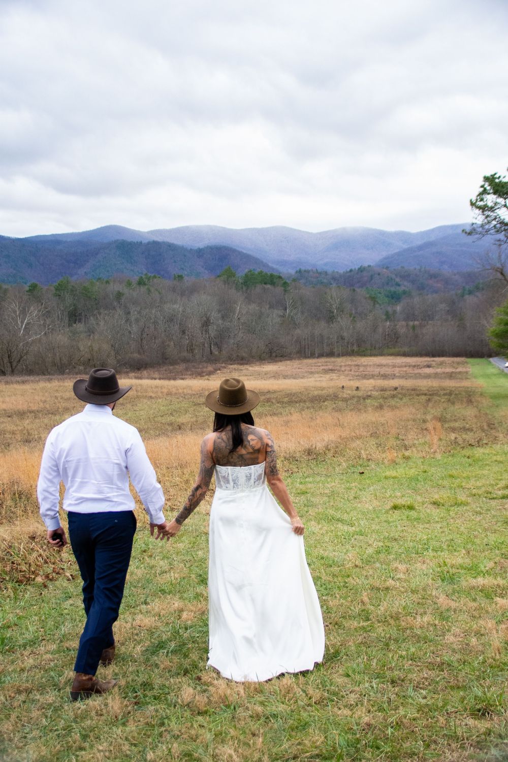 A couple in wedding attire walks hand in hand through a field with mountain views in the distance.