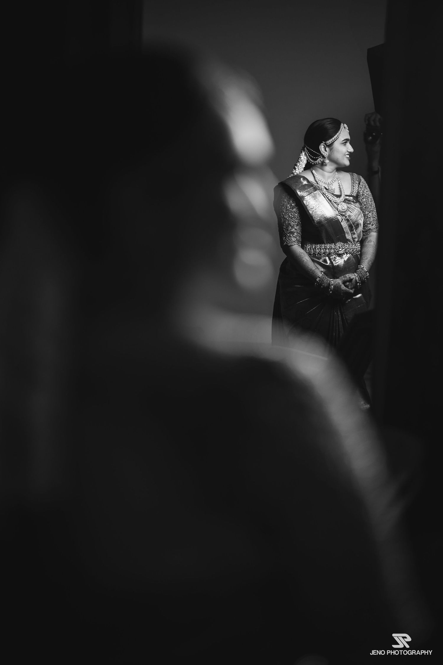 Artistic bridal portrait in Trichy with a focus on cinematic lighting