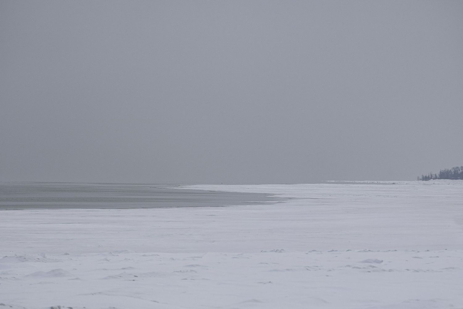 Panoramic view of a vast snowy landscape with a frozen lake stretching to the horizon under an overcast sky.