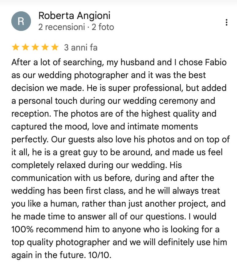 5-Sterne-Rezension von Roberta Angioni: Fabio ist ein erstklassiger Hochzeitsfotograf. Er arbeitet hochprofessionell und ist ein toller Typ.