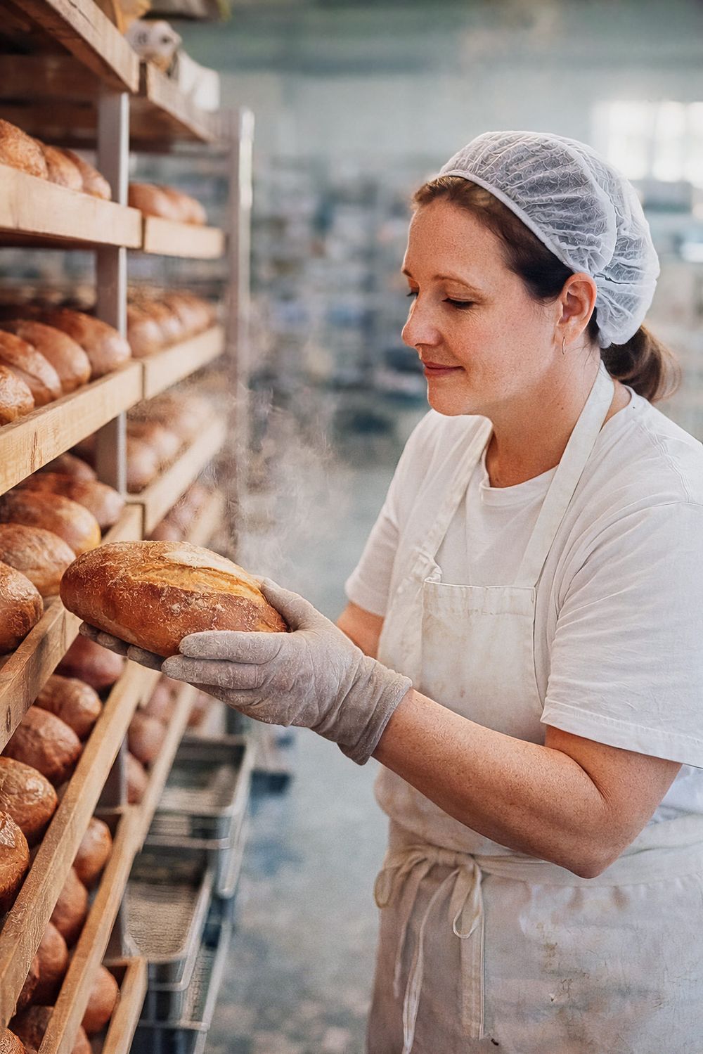 Baker in white uniform and hairnet inspects freshly baked bread on bakery shelves.