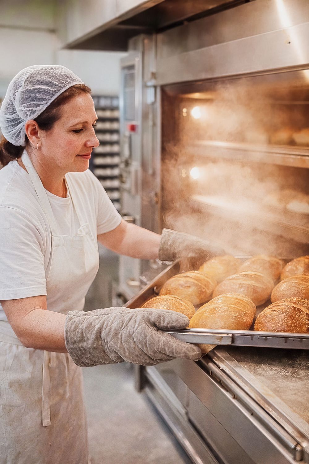 A baker in white uniform and hairnet removes a tray of freshly baked golden bread rolls from a commercial oven.