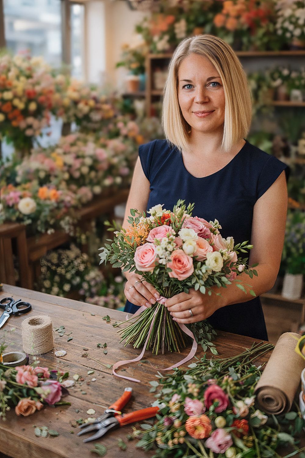 A florist in a navy blue top arranges pink and peach roses with greenery on a rustic wooden table with tools.