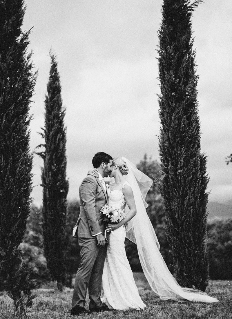 Bride and groom portrait between cypress trees at Comptoir Saint-Hilaire Provence
