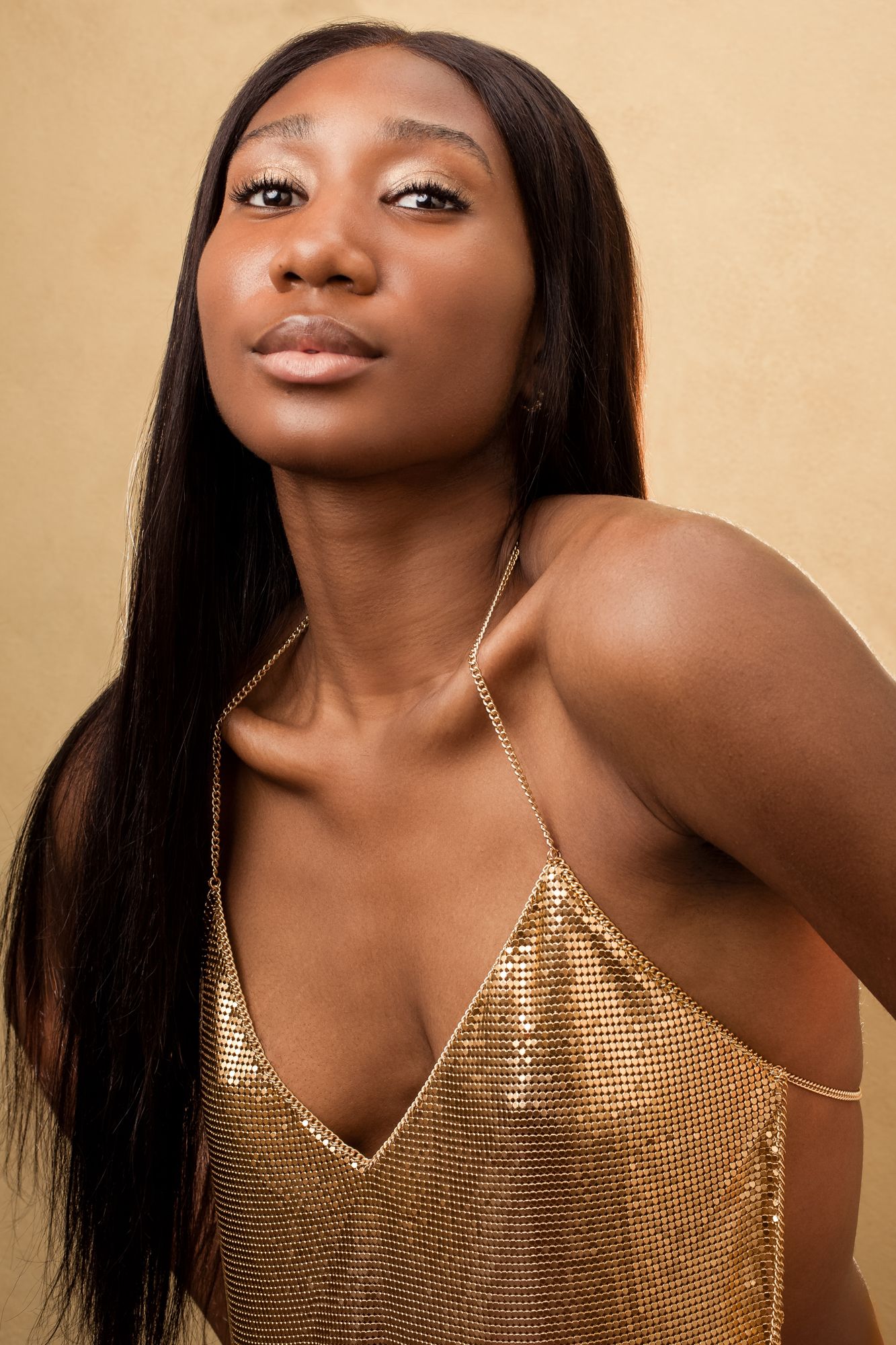 A portrait in warm tones featuring a person wearing a shimmering gold mesh top and long straight dark hair.