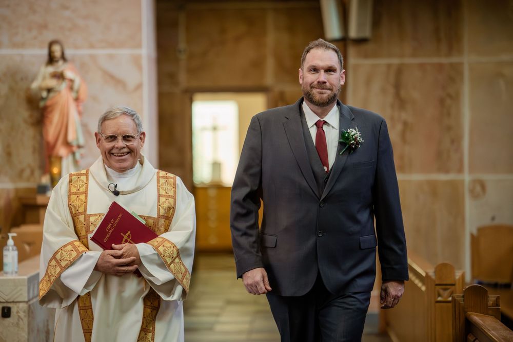 A collage of candid moments during a church wedding ceremony showing joyful interactions and celebrations.