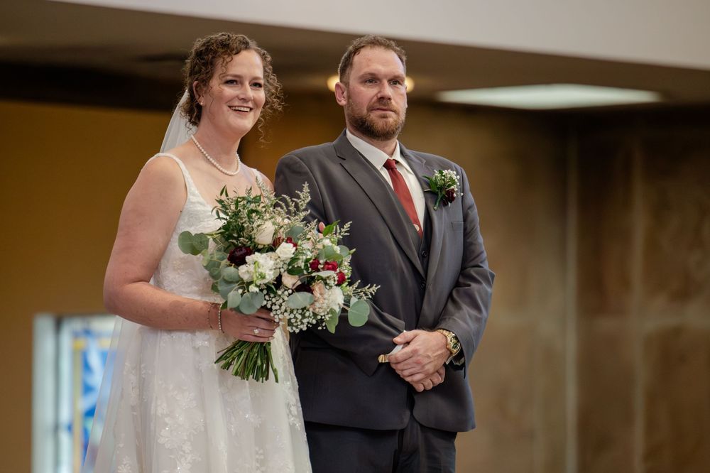 A series of wedding ceremony moments showing a bride walking down the aisle with white floral bouquet.