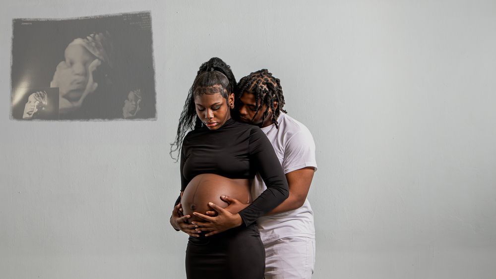 A series of intimate maternity photos showing two people embracing against a neutral background.