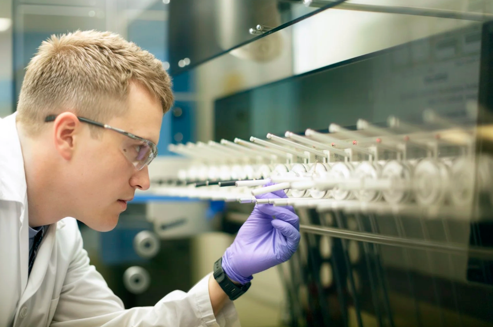 Researcher examining samples in a laboratory setting with scientific instruments.