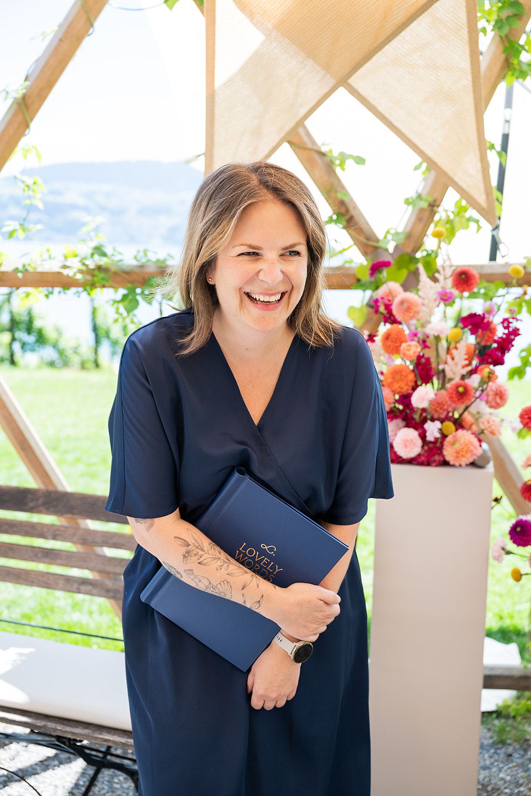Warm natural-light portrait of wedding celebrant Simone Gori from LovelyWords, captured by MaxwellArt Photography during a wedding.