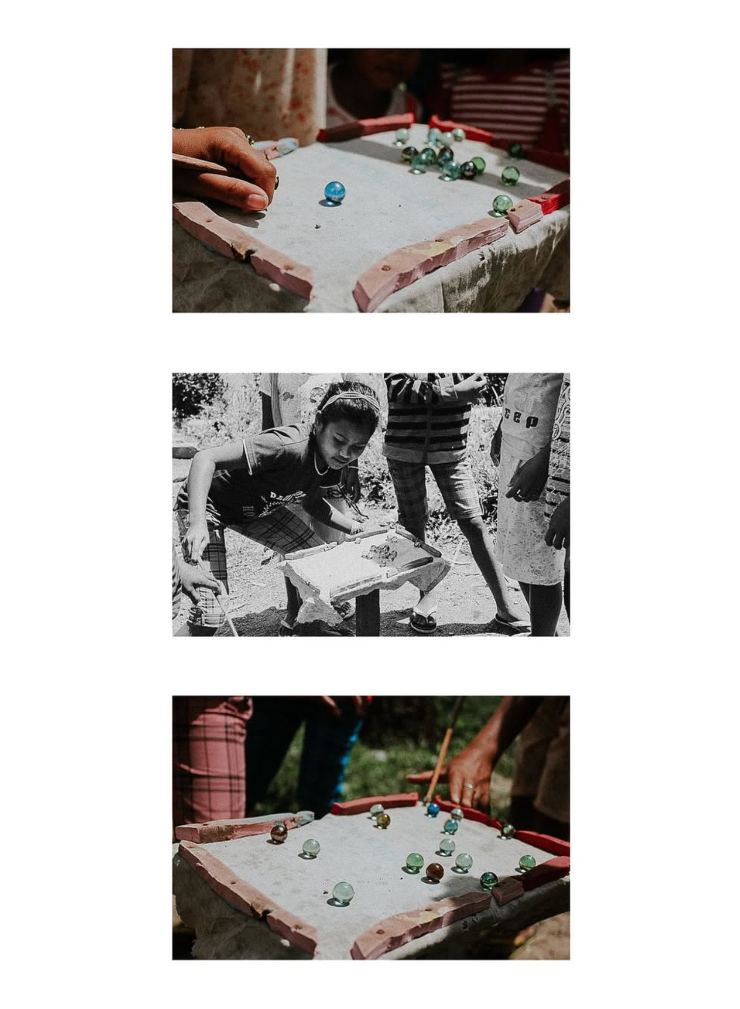 Three-photo collage of children playing a traditional marble board game outdoors.