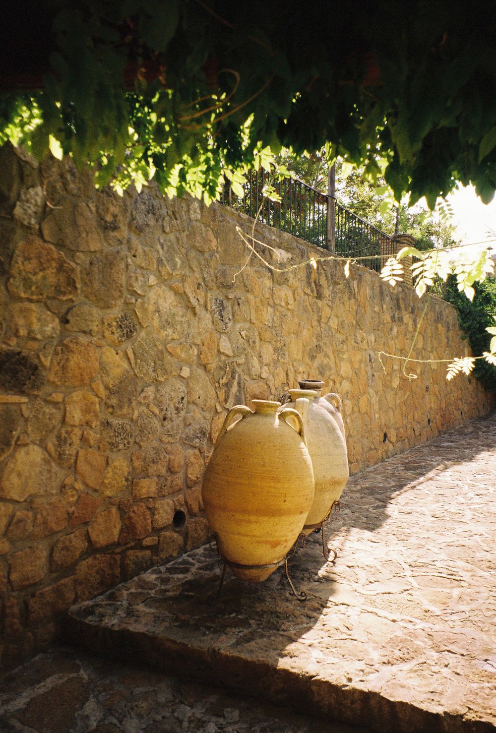 Large terracotta pots line a rustic stone wall path in dappled sunlight.